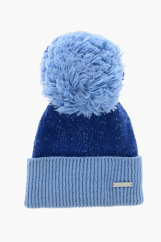 Dsquared2 Two-tone Wool Blend Beanie With Pom Poms In Blue