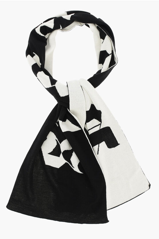 Palm Angels Two-tone Wool Blend Scarf With Maxi Logo In Black
