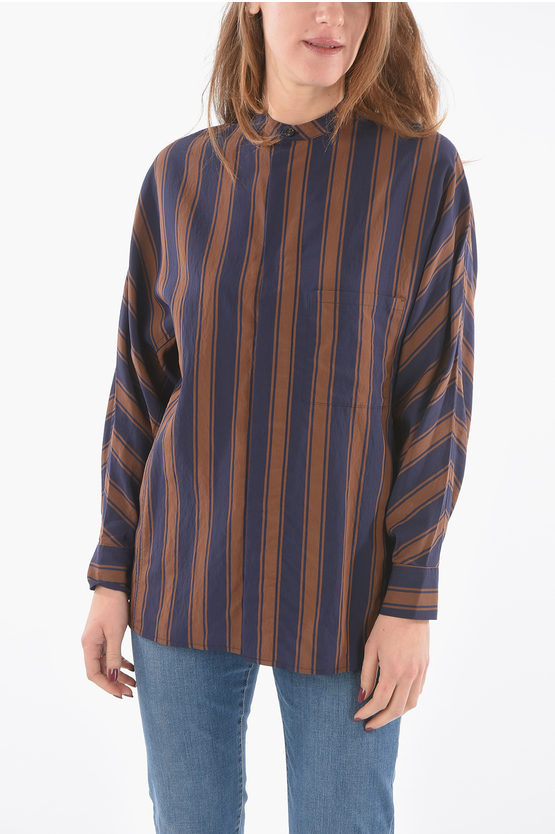 Woolrich Unbalanced Striped Scully Mandarin Collar Shirt In Blue