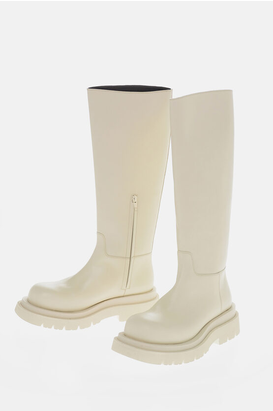 Bottega Veneta Under The Knee Lug Leather Boots In White