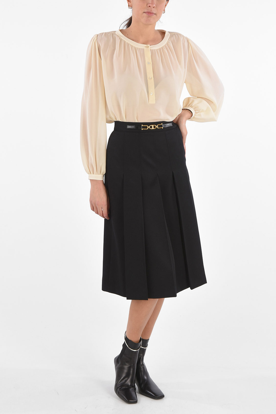 Celine Under the Knee Pleated Skirt with Jewel Buckle women