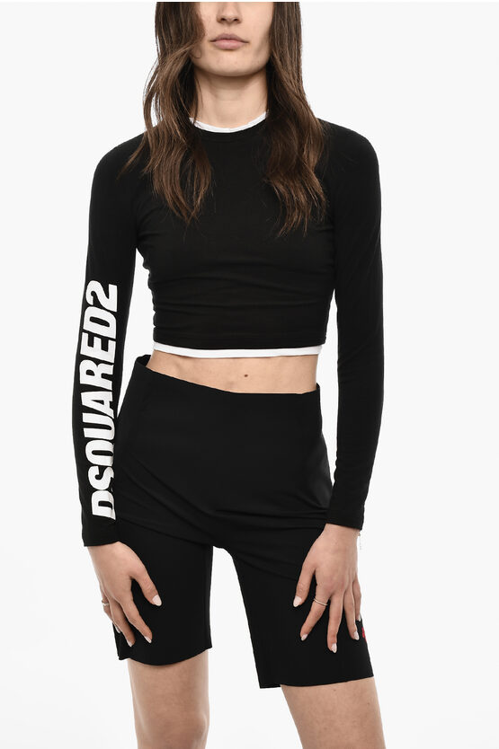 DSQUARED2 UNDERWEAR CROPPED PAJAMA LONG SLEEVED TOP WITH LOGO PRINT