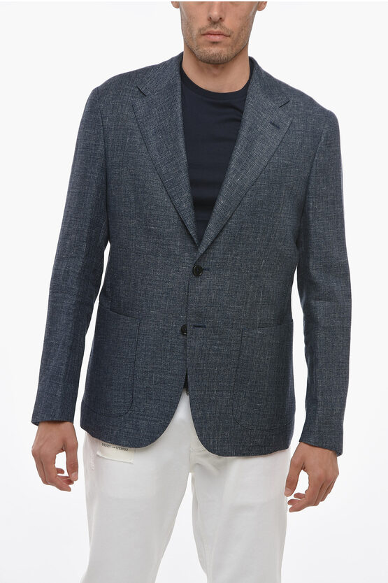Fay Unlined Flax Blend Blazer With Patch Pockets In Blue