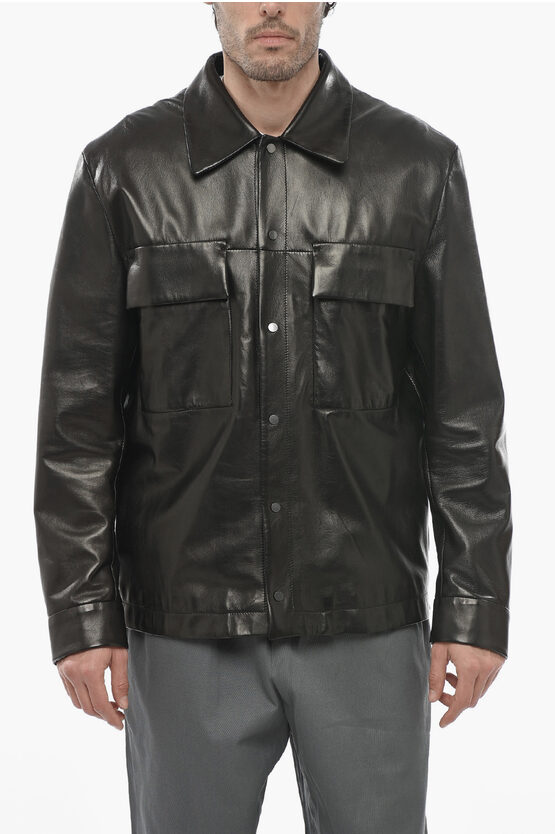 Salvatore Santoro Utility Pockets Lined Leather Overshirt In Black