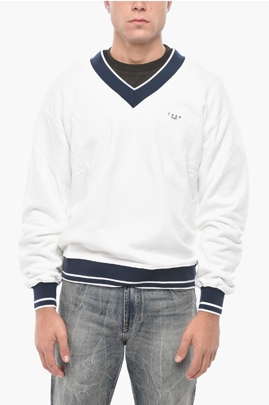 1989 Studio V Neck Brushed Cotton Sweatshirt With Contrasting Details In White