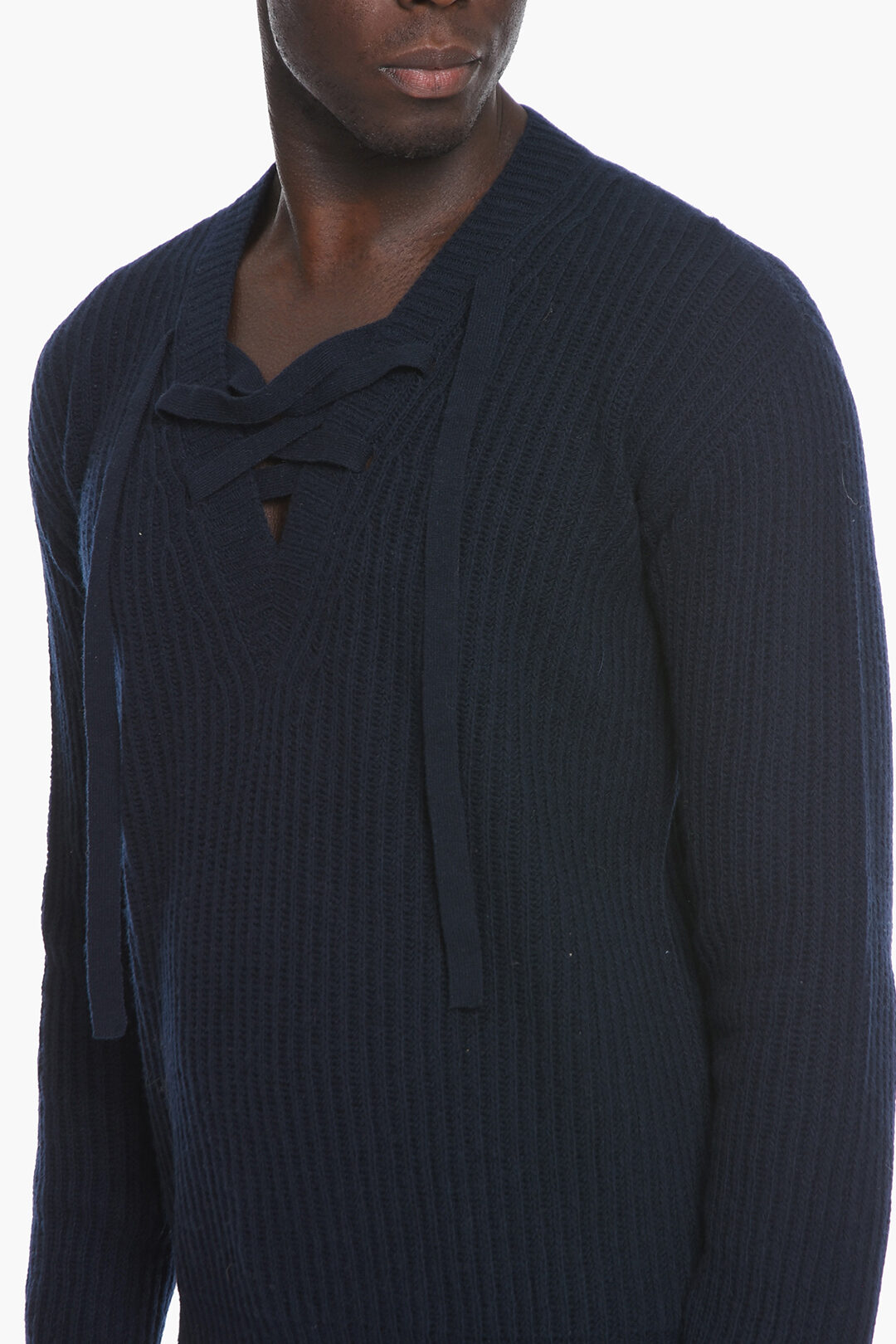 Prada V Neck Cashmere Blend Sweater with Lace-up Detail men - Glamood Outlet