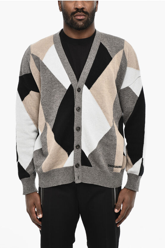 Dsquared2 V-neck Color Block Virgin Wool Cardigan