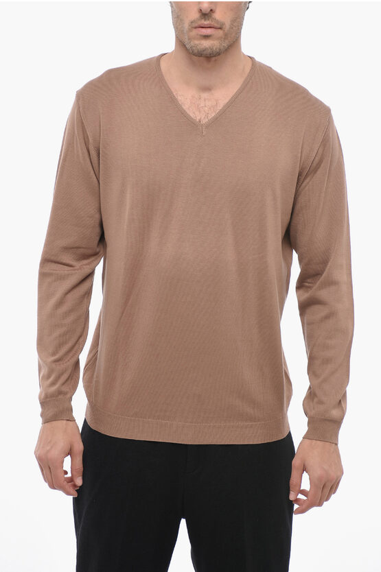 Corneliani V-neck Cotton Sweater In Brown