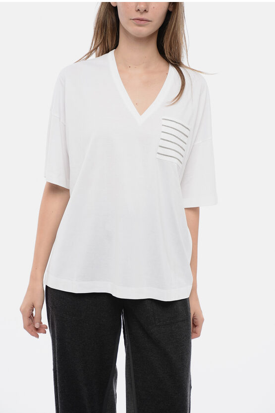 Shop Brunello Cucinelli V Neck Cotton T-shirt With Jeweled Breast-pocket