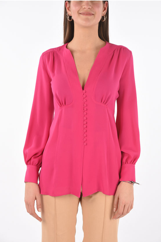 Super Blond V Neck Covered Button Silk Blouse In Pink