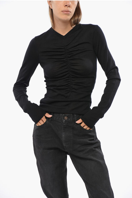 Saint Laurent Ruched V-neck Sheer Knitwear With Slim Fit In Black