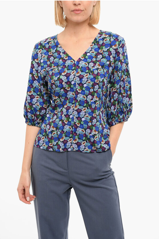Paul Smith V Neck Floral Print Blouse In Blue