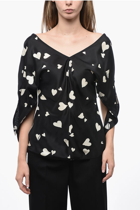 Shop Marni V-neck Heart-printed Silk Blosue