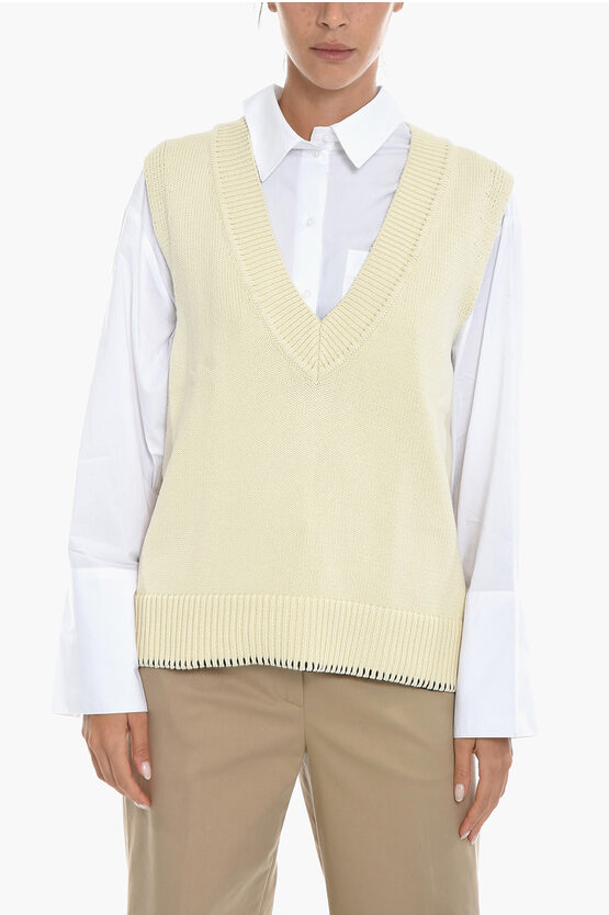 Samsoe & Samsoe V-neck Krista Knitted Waistcoat With Contrasting Stitching In Neutral