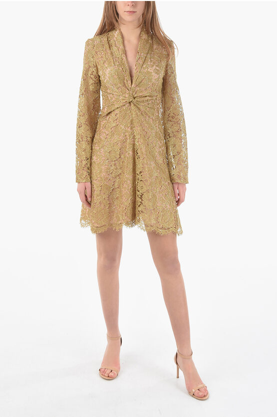 Super Blond V-neck Mcrame' Lace Dress Withwith Gathering Detailing In Gold
