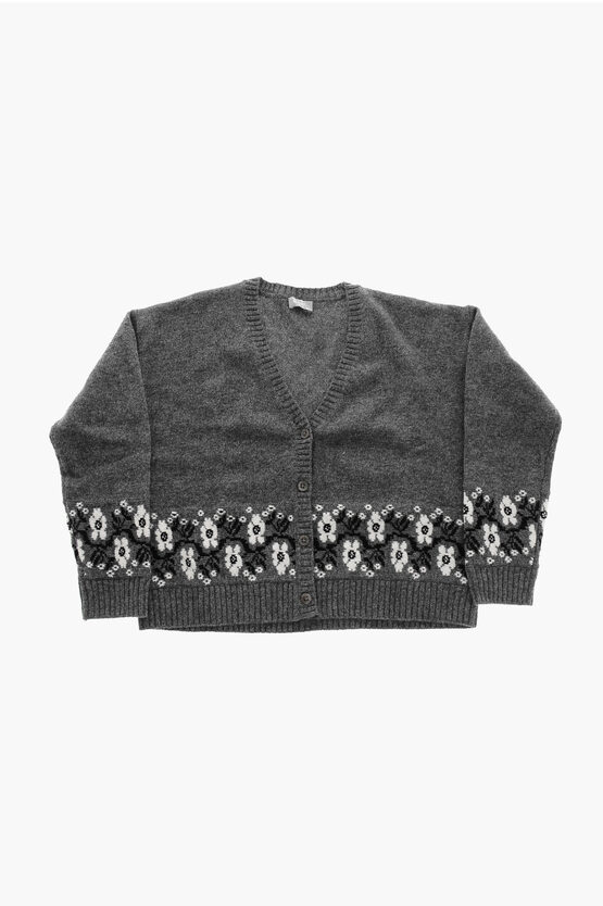 Il Gufo V-neck Merino Wool Cardigan With Floral Embroideries In Gray