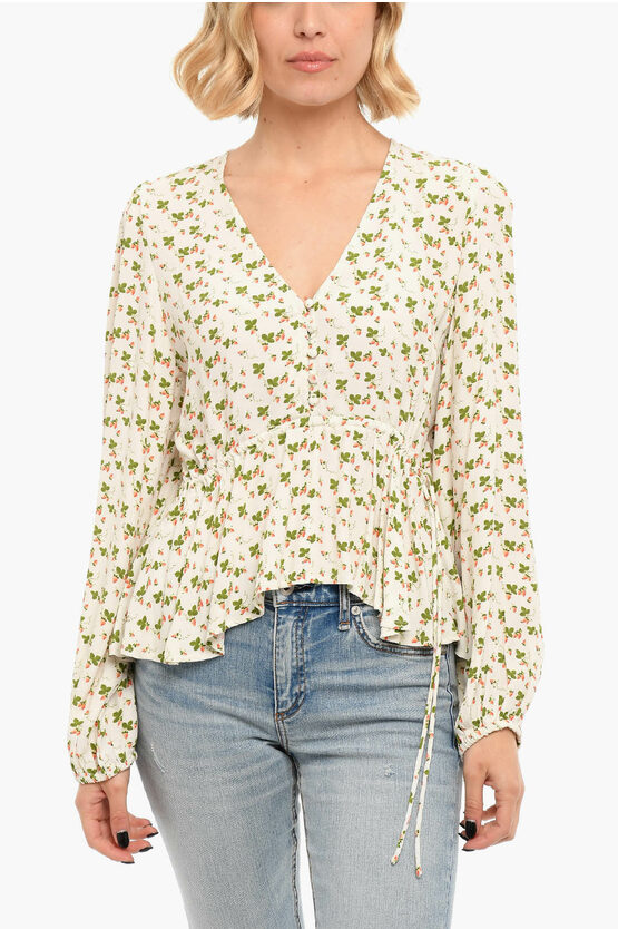 Notes Du Nord V Neck Printed Cecilia Blouse With Drawstrings In Multi