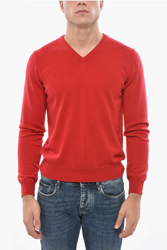 Malo V Neck Pure Cashmere Sweater In Red