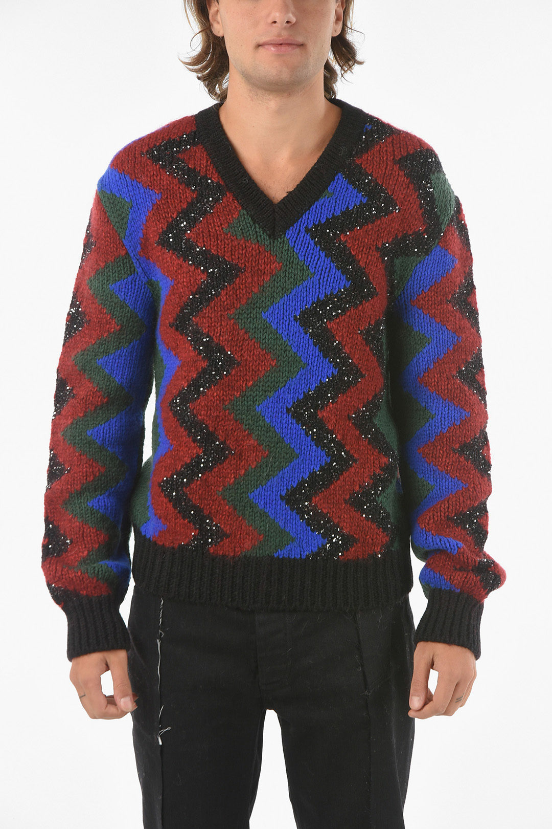Saint Laurent V Neck Sequined Wool Blend Pullover herren Glamood