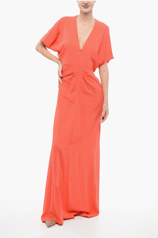 Super Blond V-neck Silk Blend Long Dress With Butterfly Sleeves