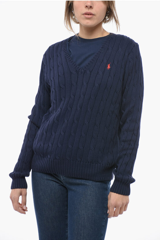 Shop Polo Ralph Lauren V-neck Solid Color Cable Knit Sweater