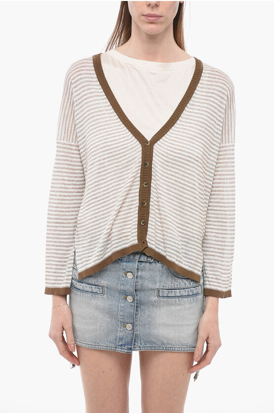 Shop Whyci V-neck Striped Linen Blend Cardigan