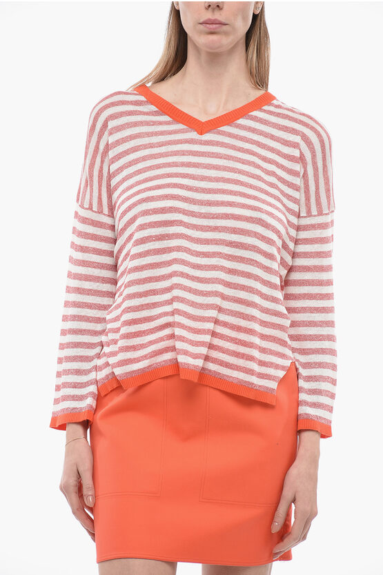 Shop Whyci V-neck Striped Linen Blend Sweater