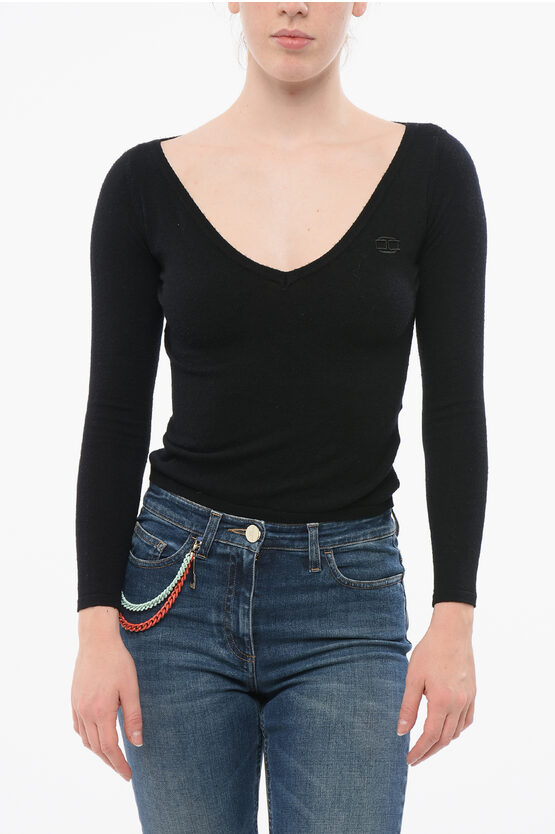Elisabetta Franchi V Neck Sweater With Embroidered Logo In Black