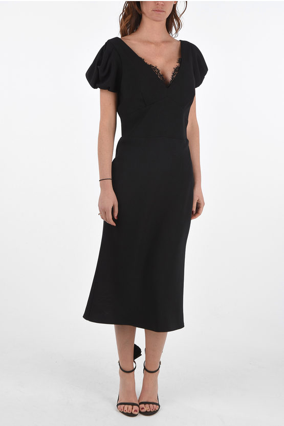 Ermanno Scervino V Neck Under the Knee Sheath Dress with Lace Details