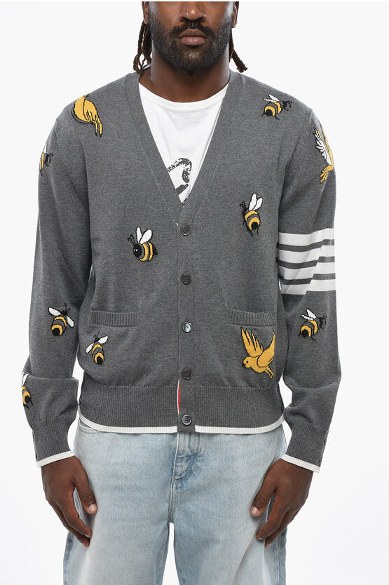Thom Browne V-neck Wool And Cotton Birds And Bees Cardigan In Gray