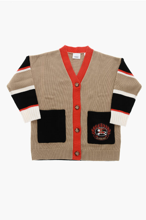 Burberry V-neck Wool Cardigan With Logo Patch In Multi