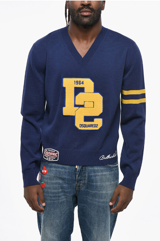 Dsquared2 V-neck Wool College Shetland Sweater In Blue