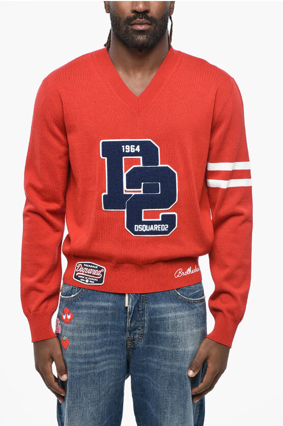 Dsquared2 V-neck Wool College Shetland Sweater In Red