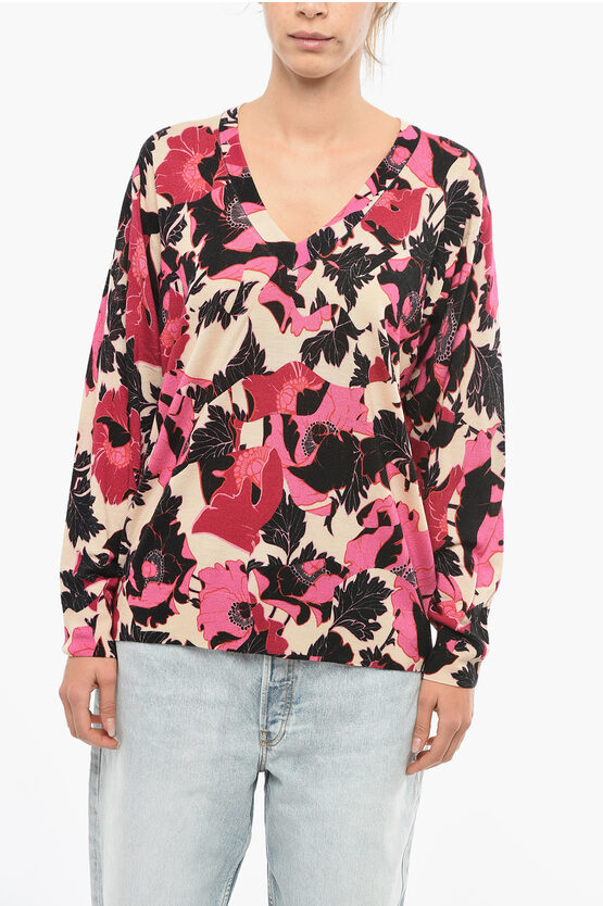 Dries Van Noten V-neck Wool Pullover With Floral Pattern In Pink