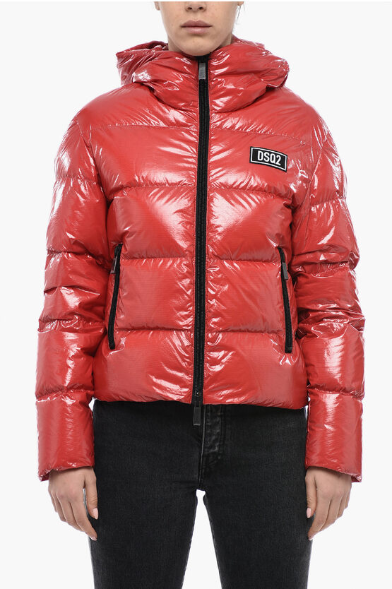 Shop Dsquared2 Varnish Effect Down Jacket With Logo Patch