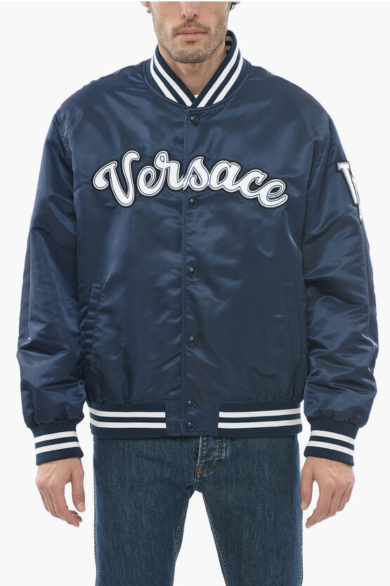 Versace Varsity Bomber Jacket With Embroidered Logo In Green