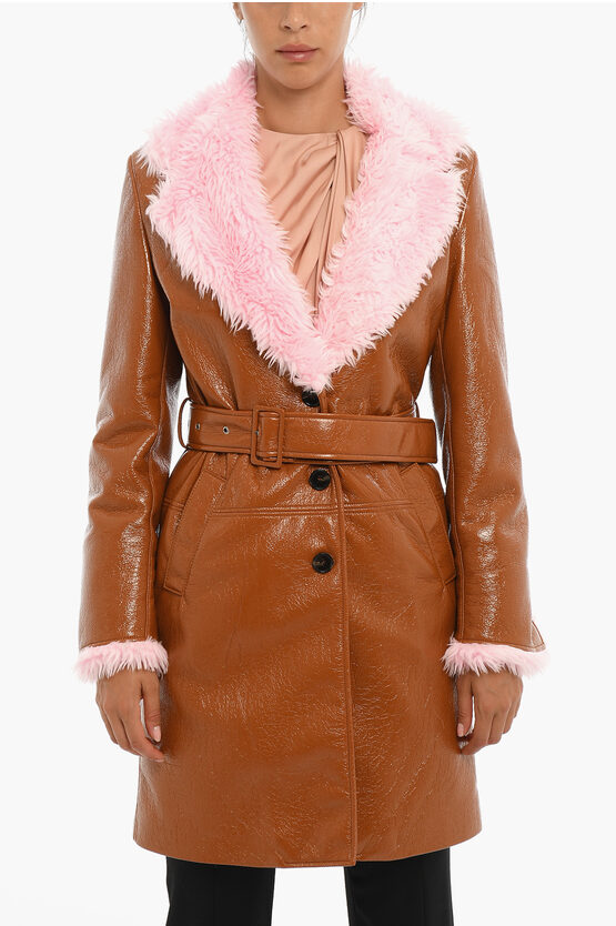 Msgm Vegan Leather Coat With Faux-fur Details In Brown