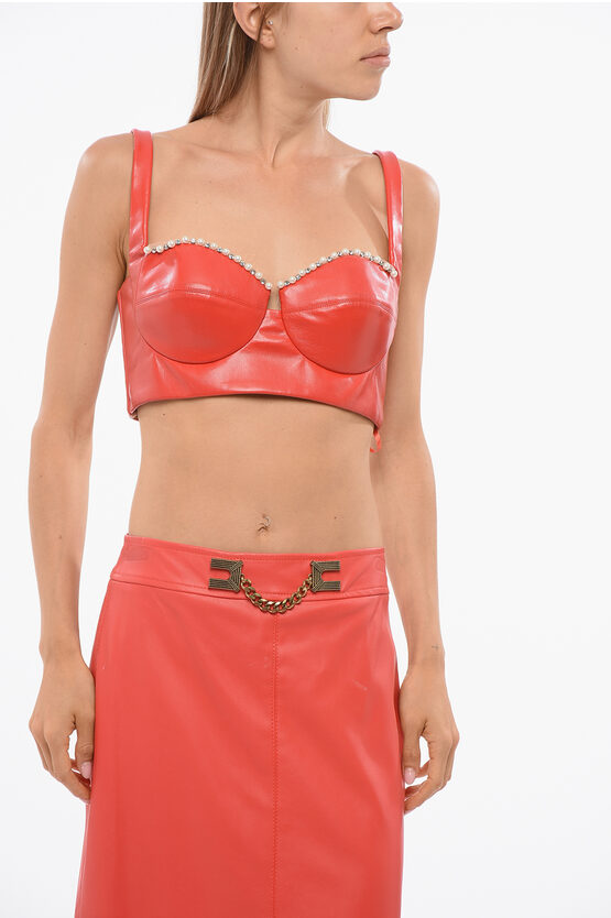 Elisabetta Franchi Vegan Leather Cropped Top With Pearls In Red