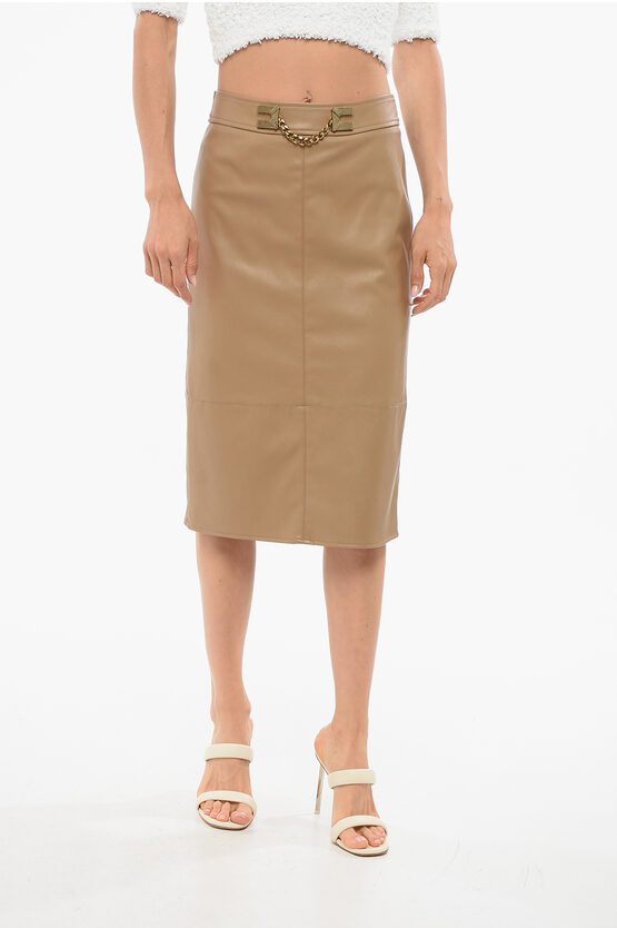 Elisabetta Franchi Vegan Leather Skirt With Metal Logo In Brown