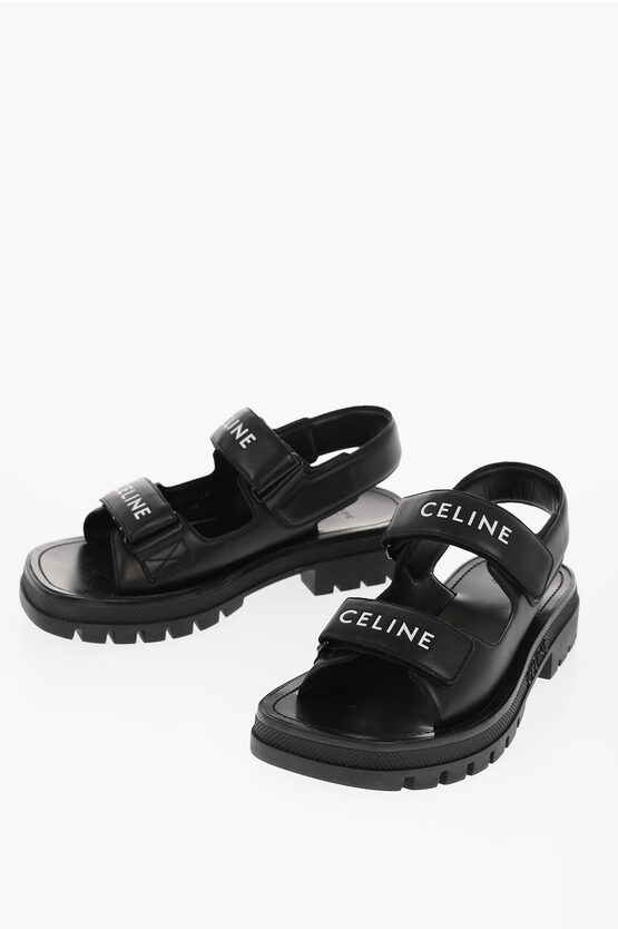 Celine Velcro Closure Leather Sandals With Carrion Sole In Black