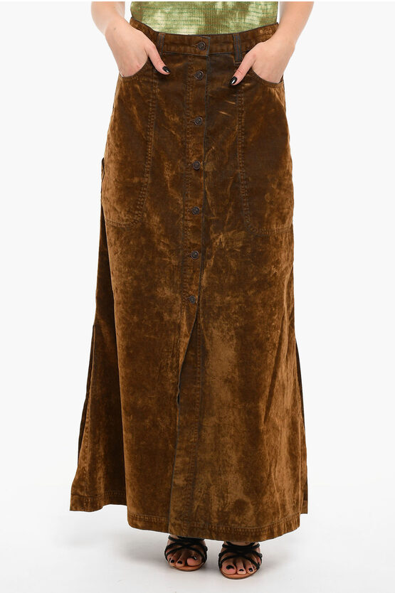 Diesel Velour De-alb Long Skirt With Front Button-closure In Brown