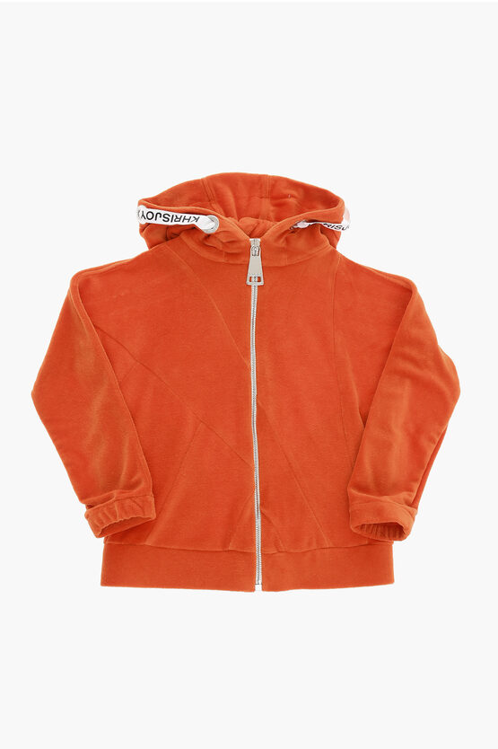 Khrisjoy Kids' Velour Hoodie Sweatshirt With Logoed Drawstring In Orange