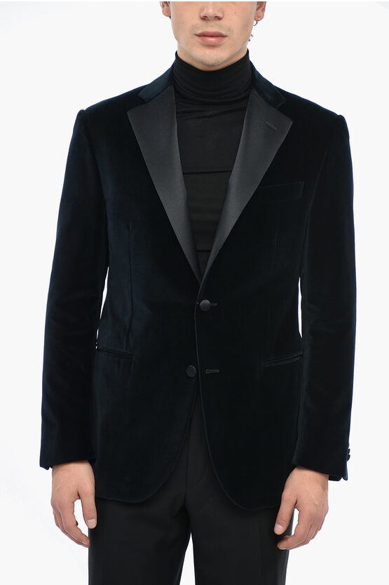 Corneliani Velour Single Breasted Lined Blazer With Notch Lapel In Black