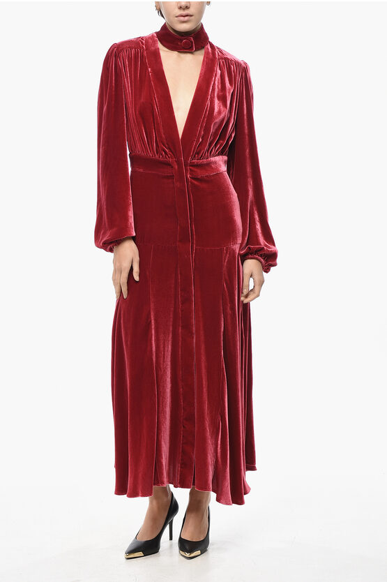 Raquel Diniz Velour Tie Neck Shirt Dress With Flared Bottom In Red