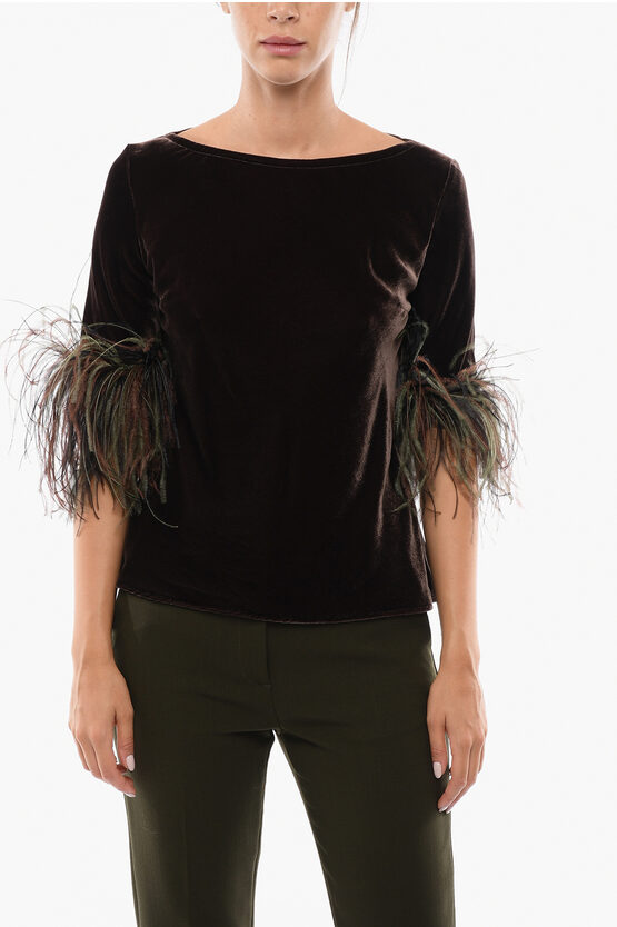 Stephan Janson Velour Top With Removable Ostrich Feathers Detail In Black