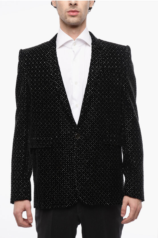 Saint Laurent Velour Tuxed Blazer With Beaded Embroideries In Neutral