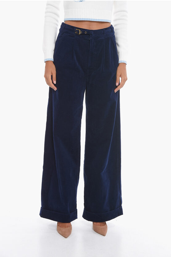 Mother Velour Wide Leg Big League Single-pleat Pants With Belt In Blue