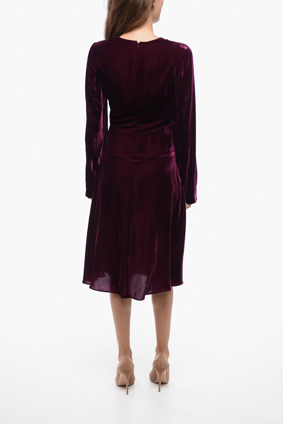 Eirene |  Red Velvet Asymmetric-Neck Midi Dress