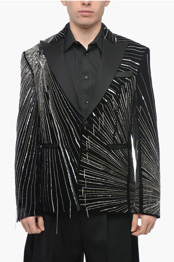 Amiri Velvet Beaded Tuxedo Jacket With All-over Silver Details In Black