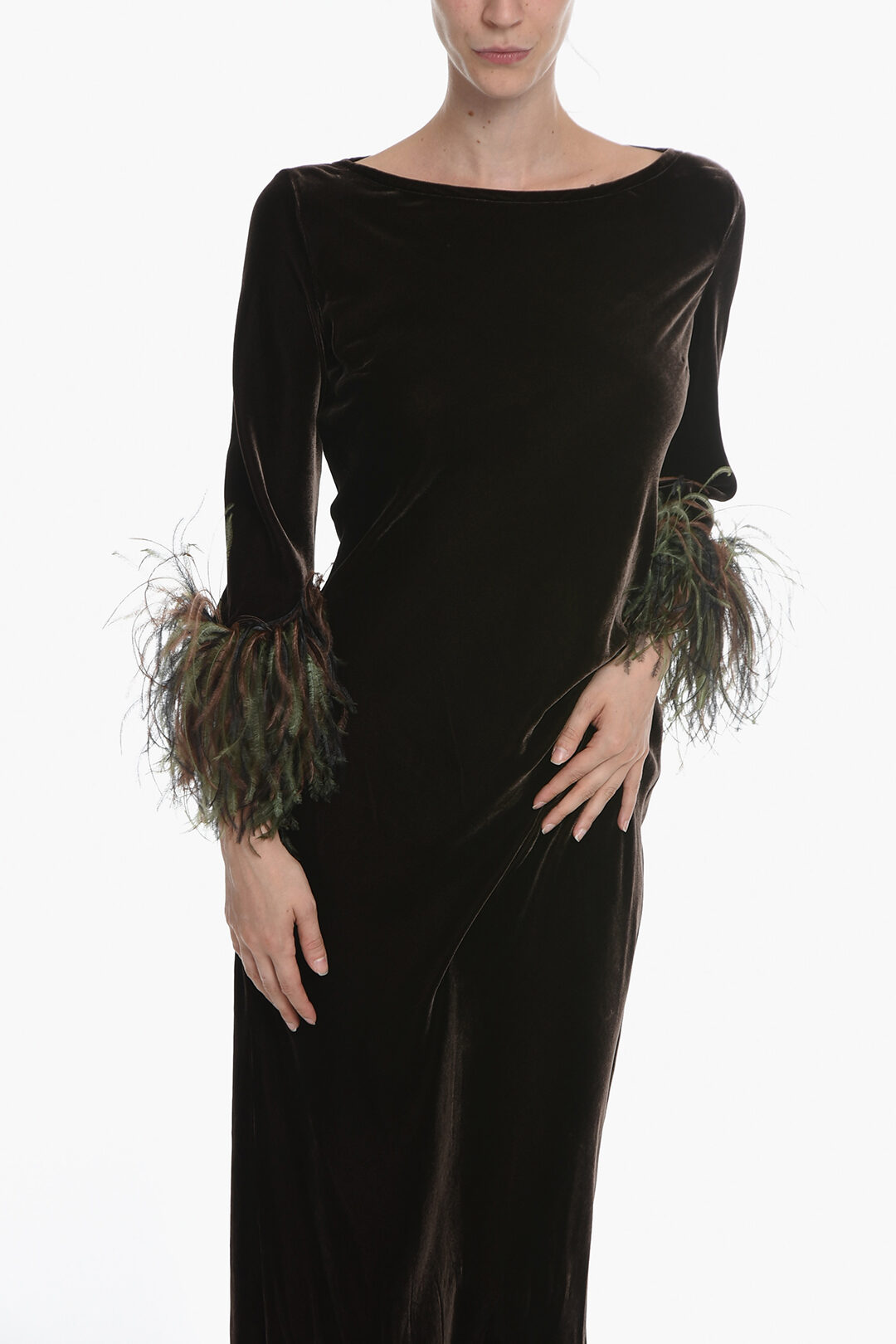 Stephan Janson Velvet Maxi dress With Deatatchable Feather Cuffs women